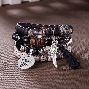 Black Tone 4 Piece Boho Multi Layer Natural Stone Bracelet Tassel Bracelet